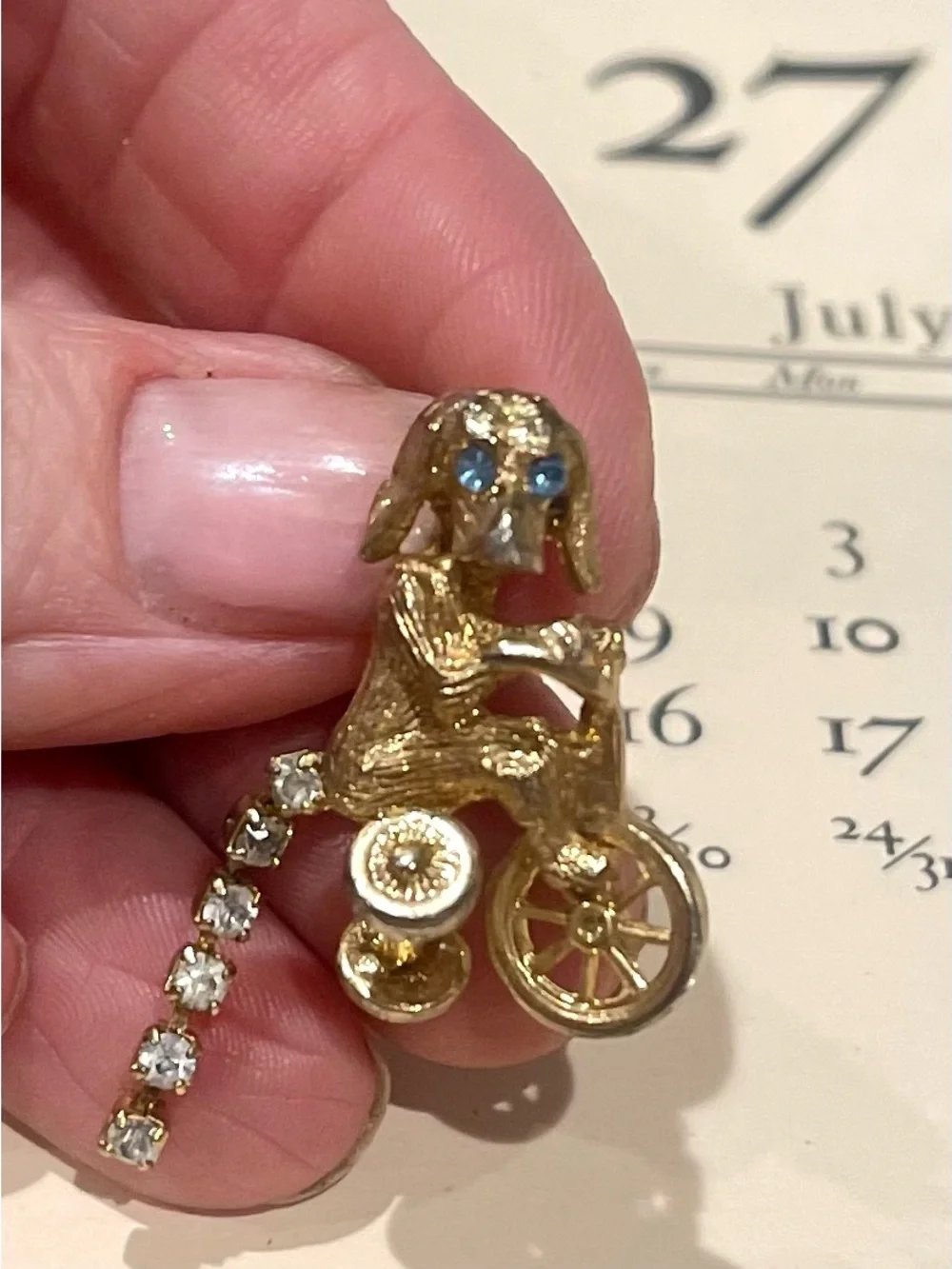 Frank Gargano Rare Puppy on Tricycle Brooch w/ Blue Topaz Eyes & Rhinestone Tail